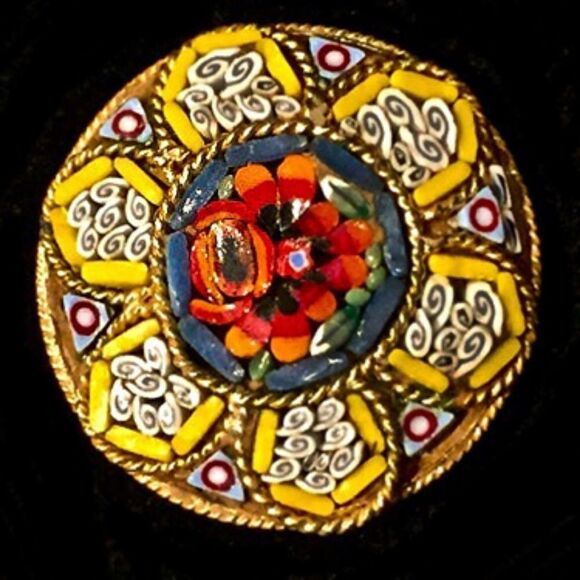 YELLOW RED FLORAL ITALIAN MICRO MOSAIC PIN BROOCH - Picture 1 of 5
